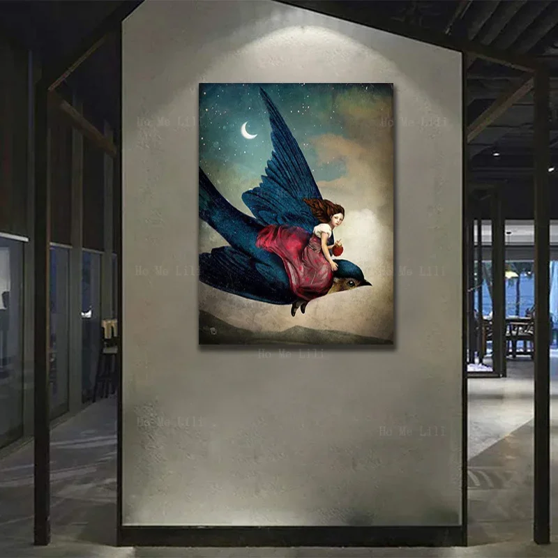 A Girl Flying In The Sky On A Swallow Carries An Fruit In Her Hand Wall Art By Ho Me Lili For Livingroom Decor