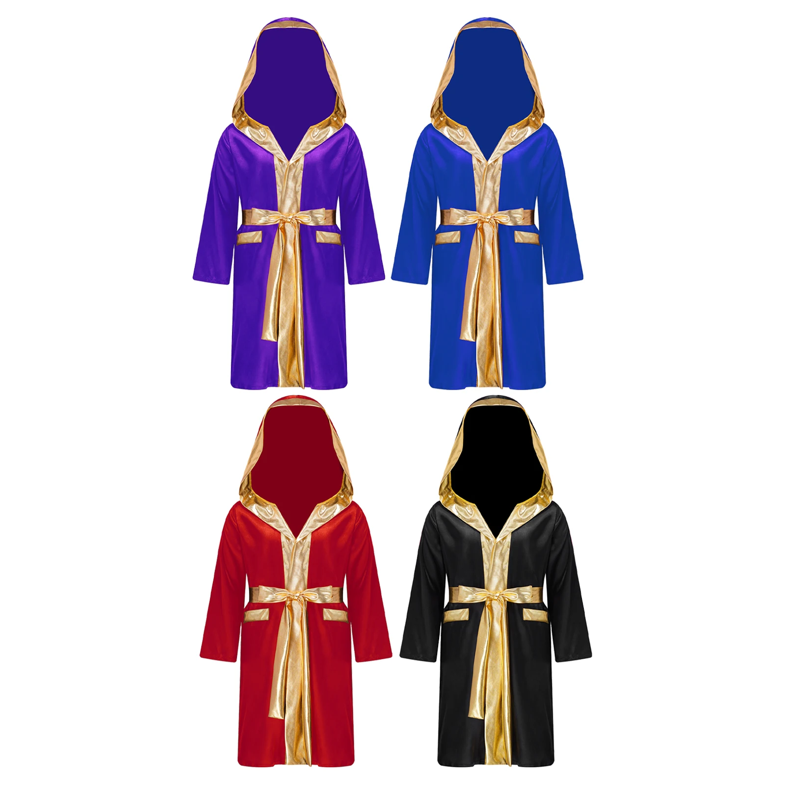 Kids Boys Boxing Robe Boxer Cosplay Costume Long Sleeve Metallic Trim Satin Hooded Cloak Kickboxing Gown for Halloween Party