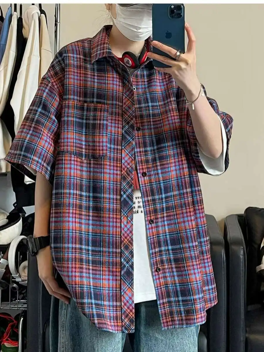 

Мужская рубашка в клетку в стиле ретро, цветная, в американском стиле, летняя, свободного кроя, легкая, повседневная, B6X5