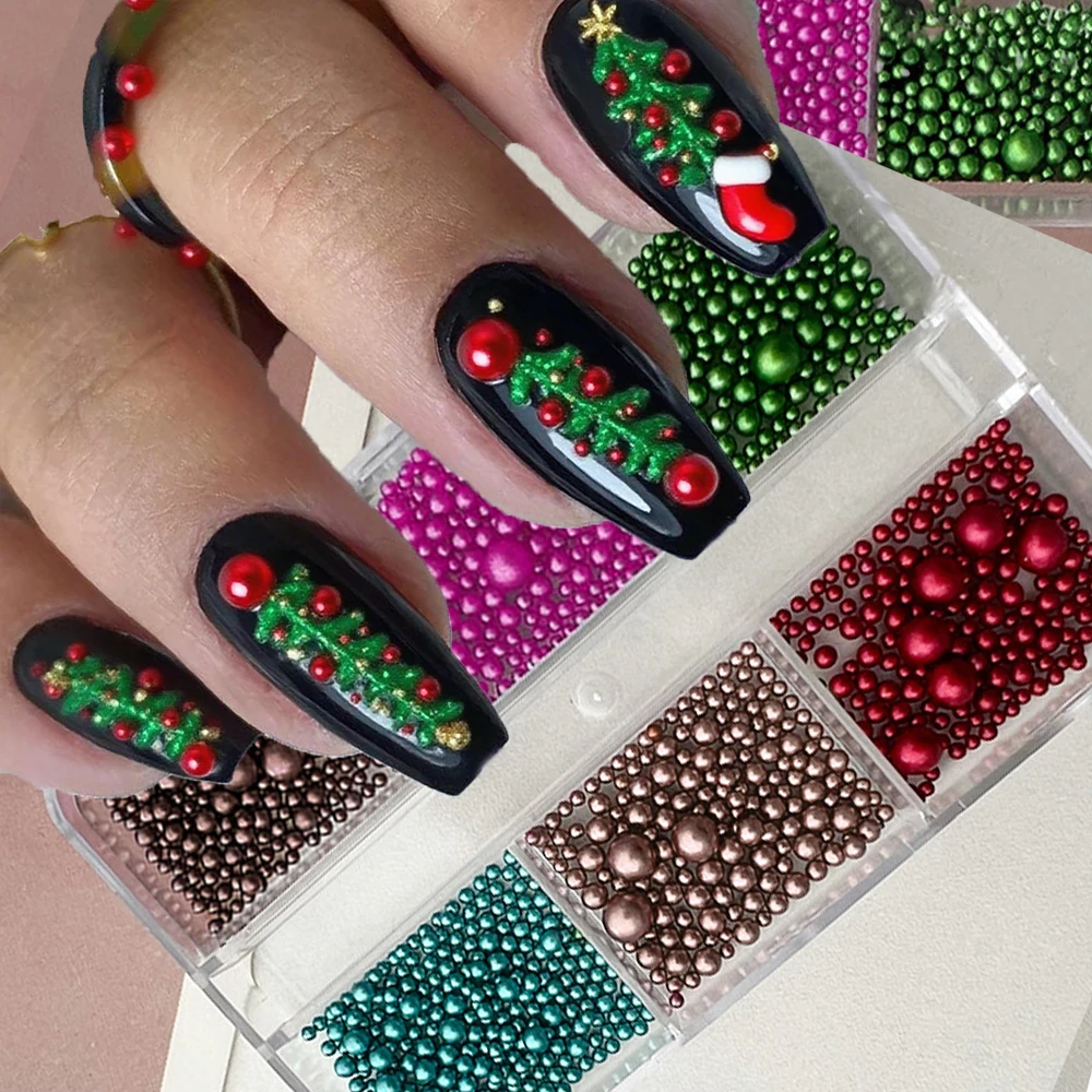 6 شبكات/صندوق مختلط عيد الميلاد الملونة الخرز المستديرة مسمار السحر 1.5/2/2.5/4 مللي متر الأحمر/الأخضر حبة مسمار ديكور فني Y2k عيد الميلاد مانيكير حبة