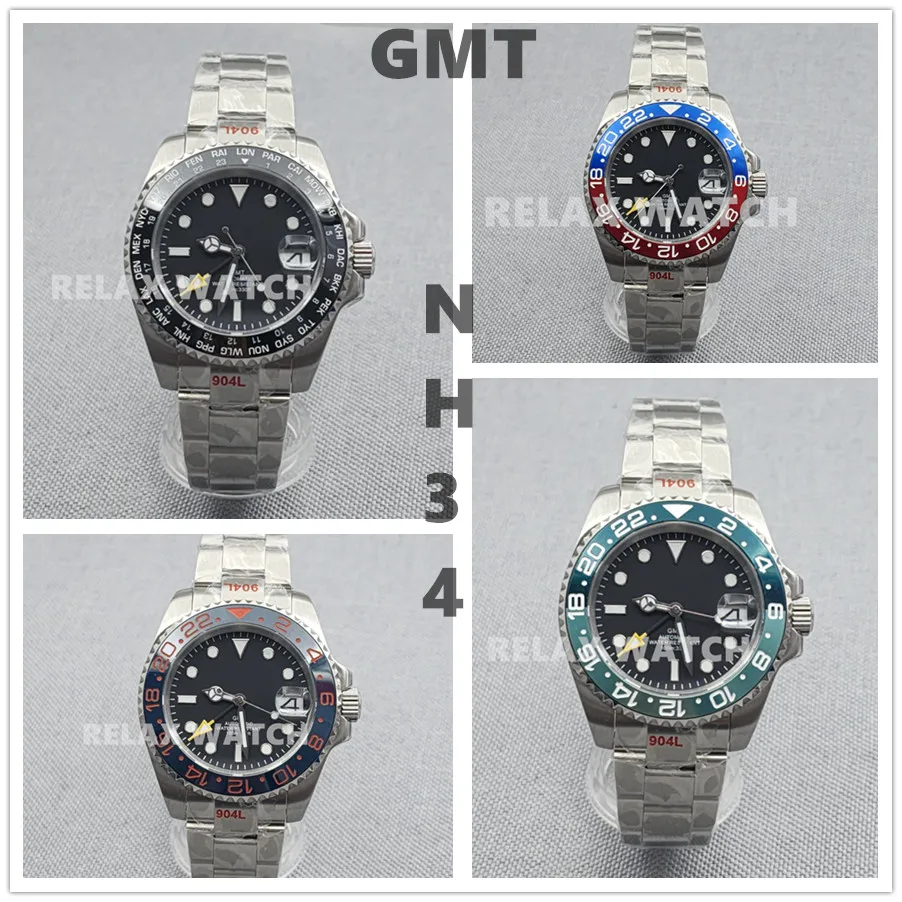 40MM Dual Time Zone  Display Sapphire Glass Stainless Steel Watch Japan NH34 GMT Automatic Movement Greenwich Time N