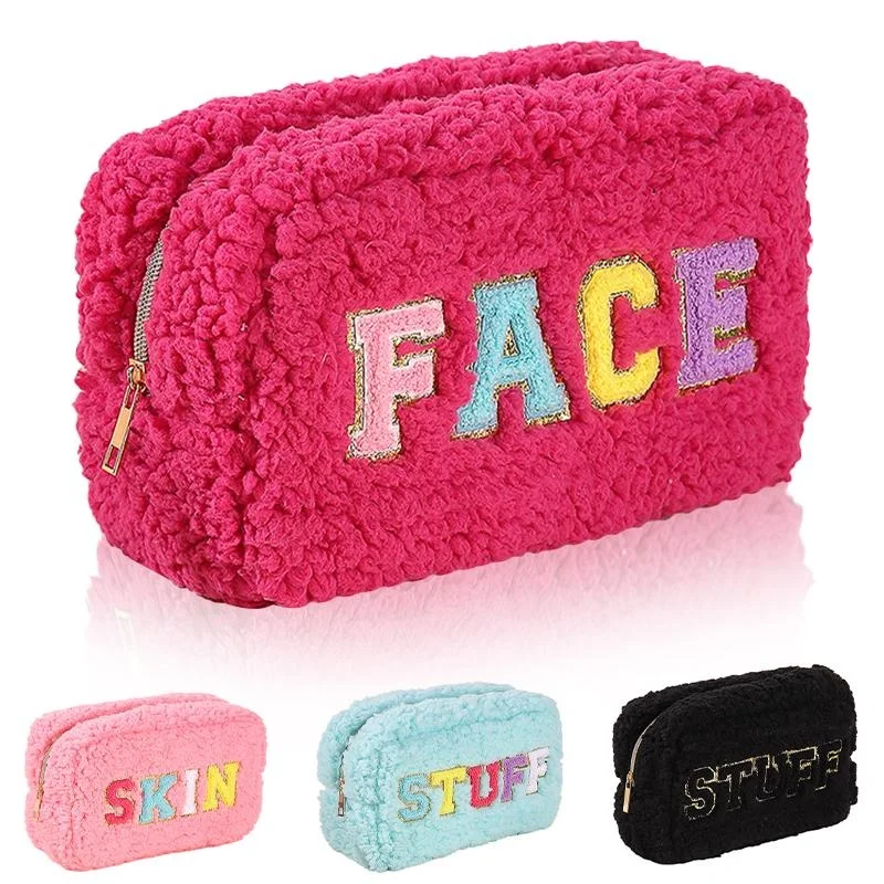 Letters Plush Makeup Bag Portable Small Travel Cosmetic Bag with Zipper Polar Fleece Pouch Bags for Women Girls Patch Pouches