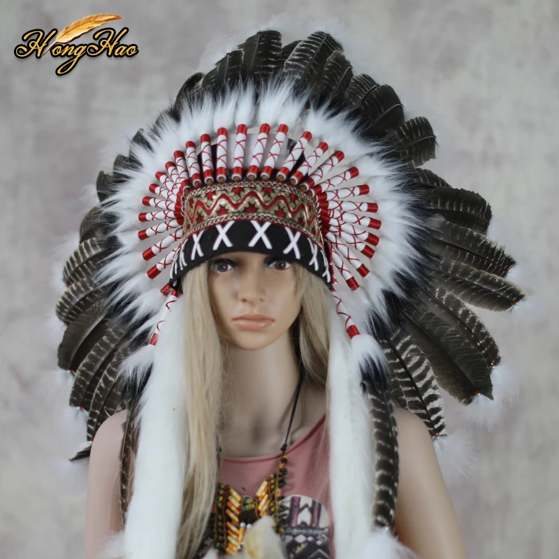 

Customized Indian Feather Headdress Turkey Feather Costume Chief Feather Hat Headband Carnival Party Bonnet Halloween Decoration