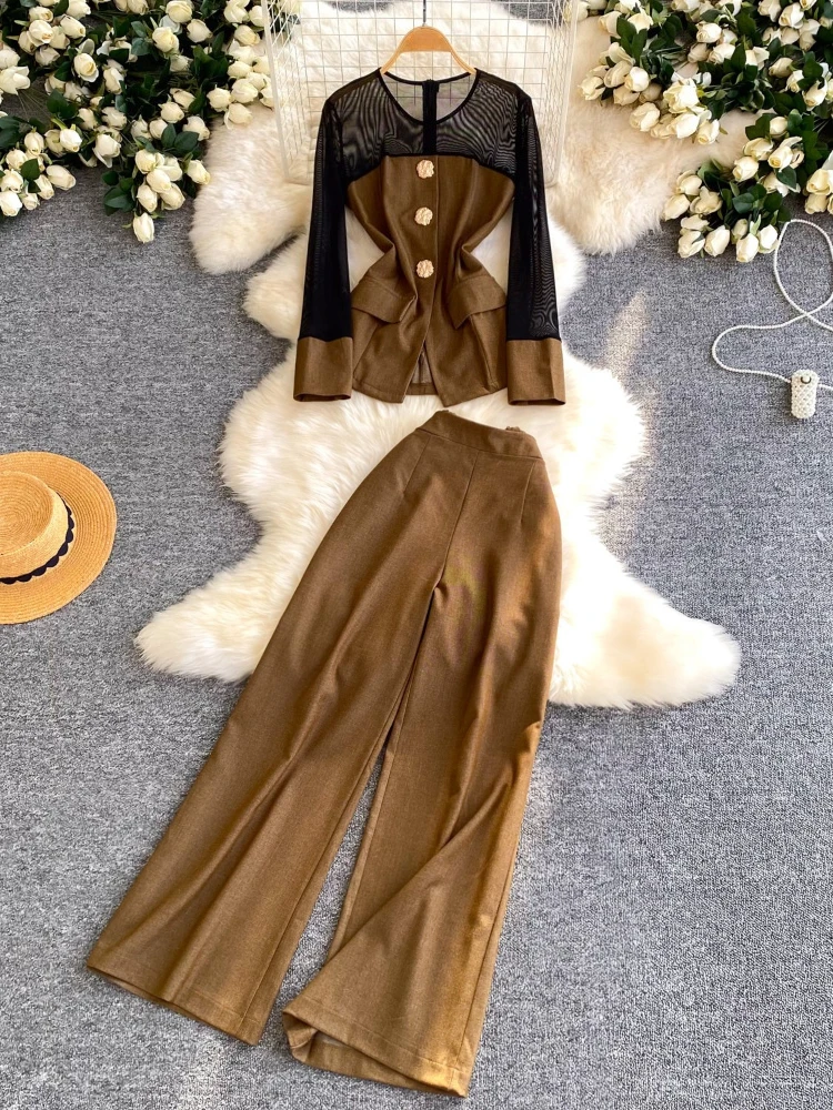 

Light mature mesh hollow out commuting two-piece set women in spring slim fit waist cincined shirt+high waist wide leg pants