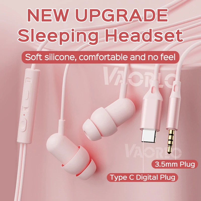 VAORLO 3.5MM AUX /Type C Digital Chip Wired Sleeping Earphones With Microphone Wire Control In Ear Headset For Samsung iPhone 15