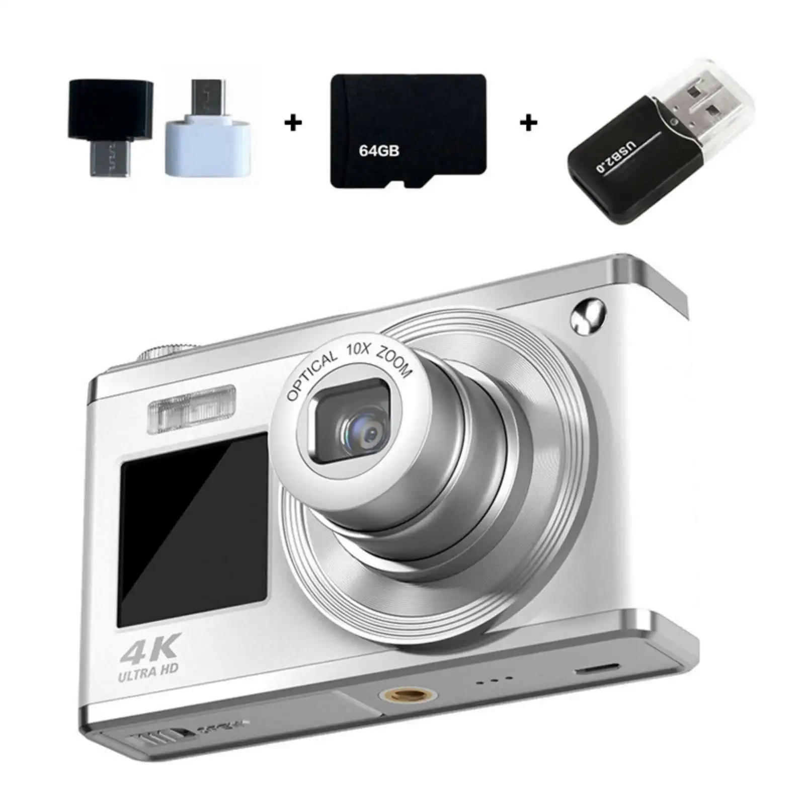 Image of 60 MP 4K CCD Kamera mit 64 GB Speicherkarte, USB-Kartenleser und Android OTG-Adapter, Weiß