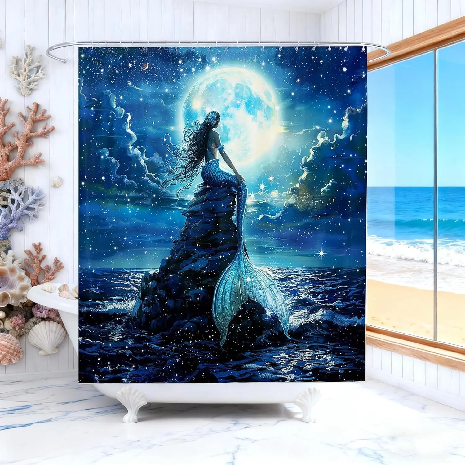 

Mermaid Shower Curtain Moon Night Ocean Starry Sky Fantasy Art Sea Theme Bath Decor Waterproof Fabric Home Accessories