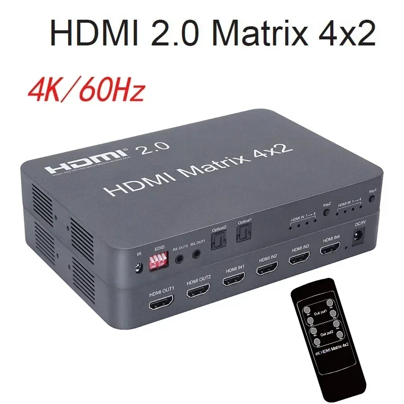 4K 60Hz 4x2 Matrix HDMI 2.0 Switch Splitter Video Converter Audio Extractor 4 in 2 Out for PS4 Laptop PC To Monitor Dual Display