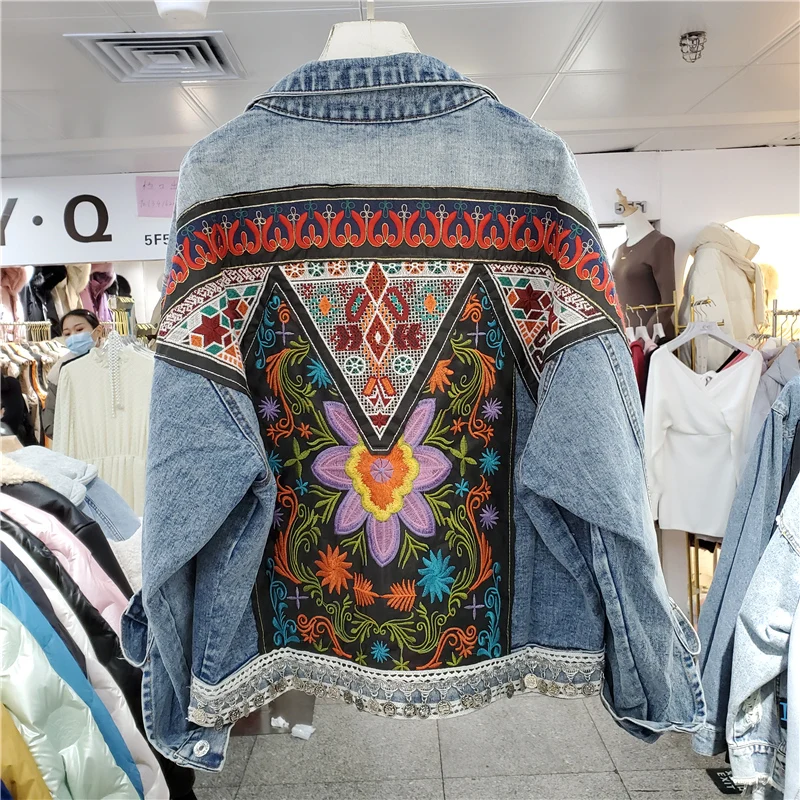 Embroidery Sequins Tassel Denim Jacket Coat Women Boho Vintage Blue Cowboy Outerwear Loose Short Jeans Jackets Female Streetwear