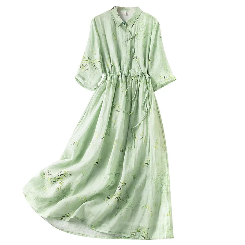 Light Green Print Floral Loose Cozy Summer Blouse Dress Draw String Slim Waist Fashion Women Travel Casual Long Dress