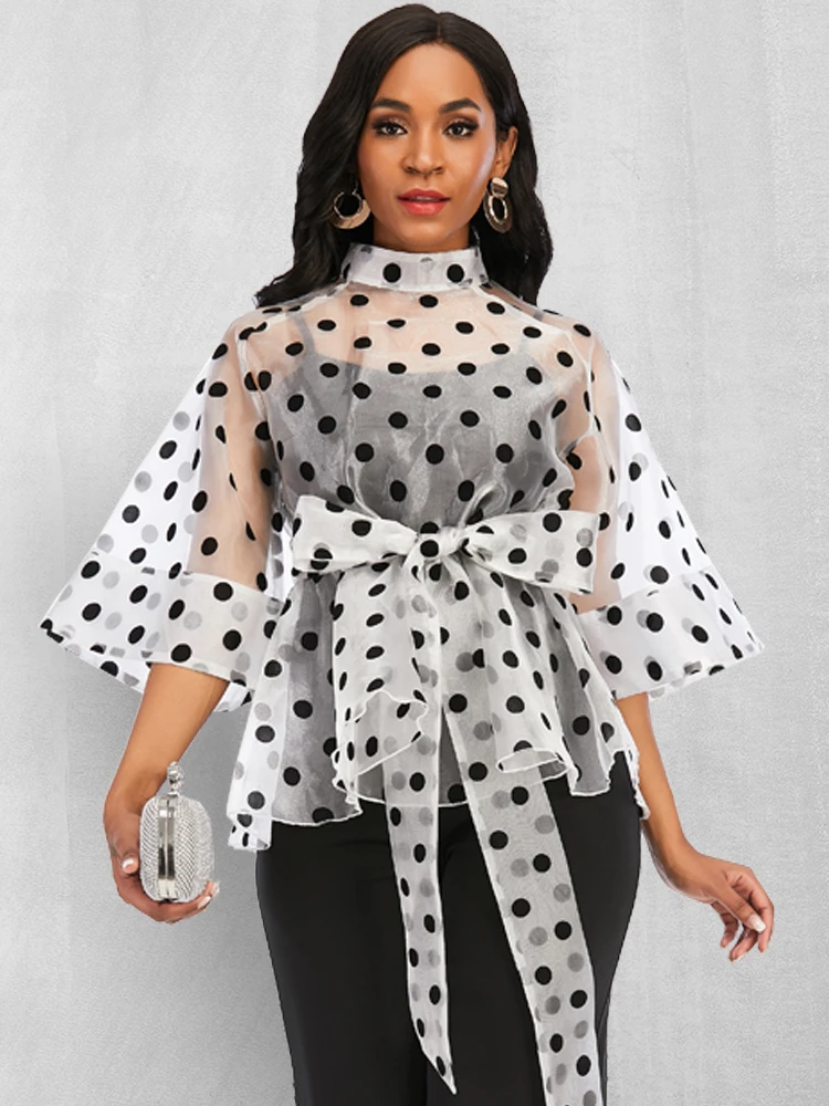 Sexy See Through Blouse and Tops Polka Dot Sashes Waist Slim Ruffles Blouses High Collar Zipper Organza Top 2020 Fashion Female