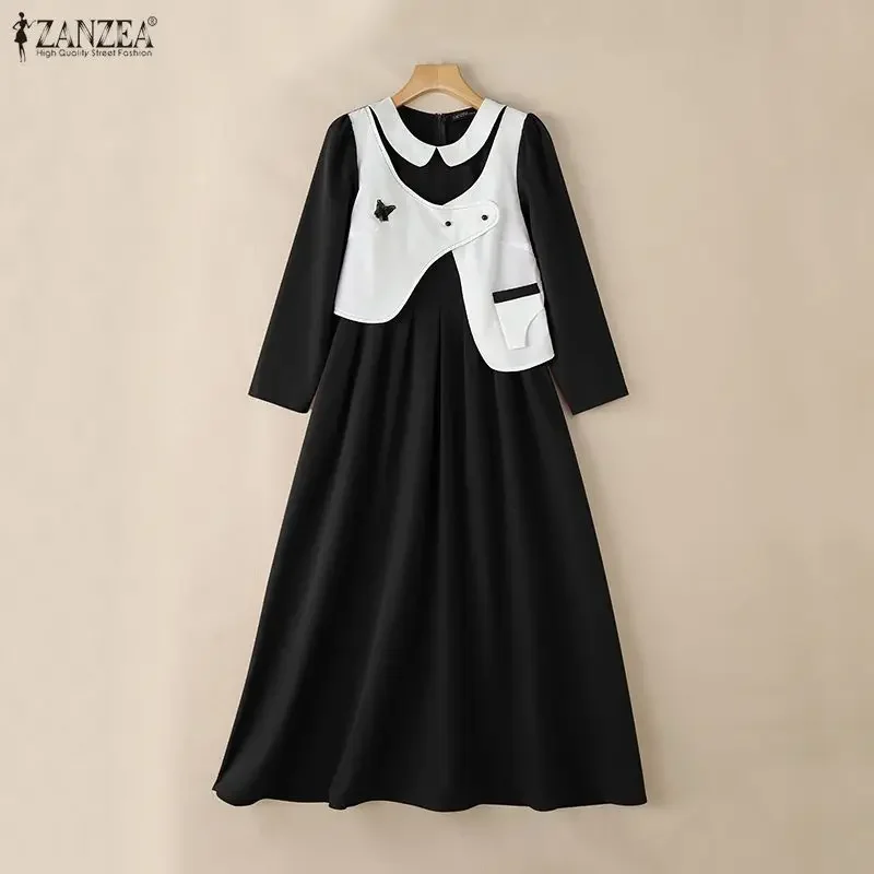 

2026 ZANZEA Women Patchwork Muslim Abaya Dress Elegant Lapel Neck Long Sleeve Sundress Ramadan Robe Casual Kaftan Dubai Vestidos