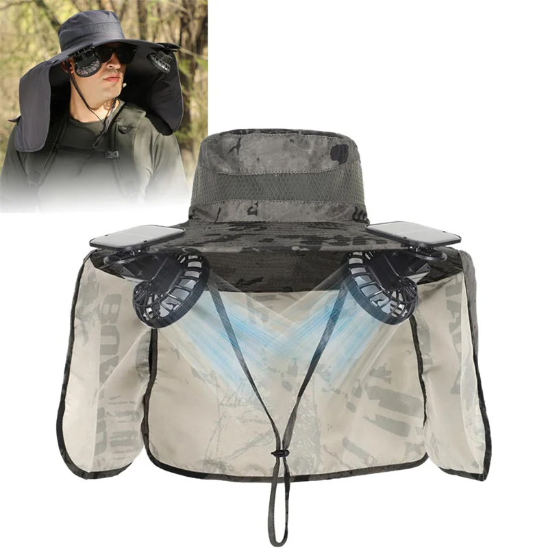 

Outdoor Hiking Sun Hat with 2 Pc Solar/USB Charging Fan and Shawl Breathable Waterproof Wide Brim Boonie Hat Men's fisherman hat