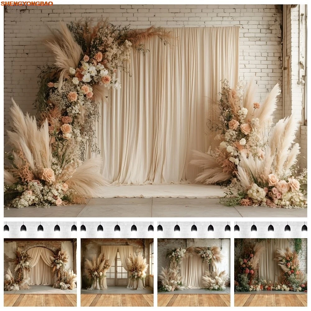 

Boho Pampas Floral Backdrop Bohemian Beige Curtain Flower Adult Birthday Party Wedding Maternity Portrait Photography Background