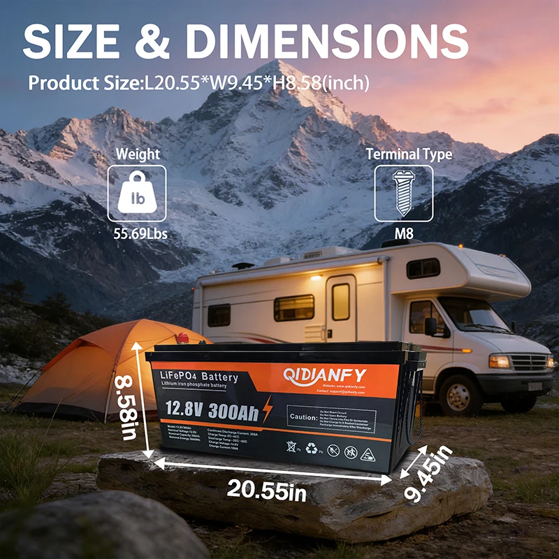 Qidianfy 12V 300Ah LiFePO4 Battery Built-in 200A BMS 3840Wh Rechargeable Lithium Iron Phosphate Battery for RV Solar Energy Storage Camper