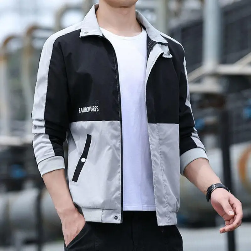 

Spring New Style Short Workwear Jacket Cool Casual Collar Splicing Top Men's Windbreaker Slim Fit PU Leather Fiber Coat