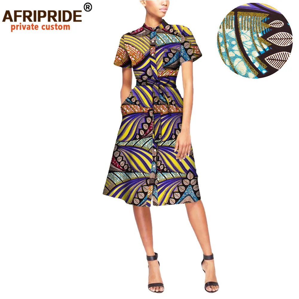 African Dresses for Women Casual Wear Plus Size Private Custom Short Sleeve Knee-length Button Dress with Sashes A7225109