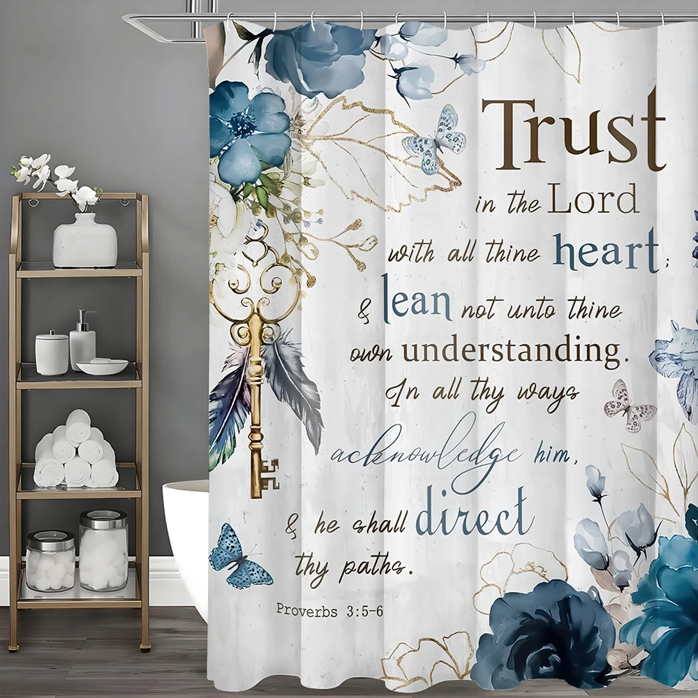 

Blue Floral Bible Inspirational Quotes Shower Curtain, Bathroom Decorative Shower Curtain, Waterproof Shower Curtain with Hooks