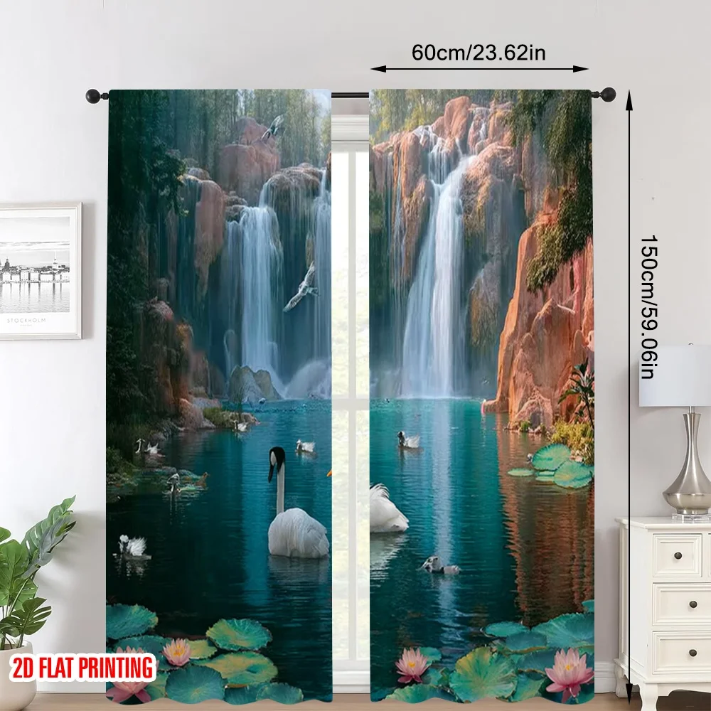 2pcs 2D flat printing Drapes waterfall swan Digital Printed Polyester Drapes Family Party Use for Holiday Party General