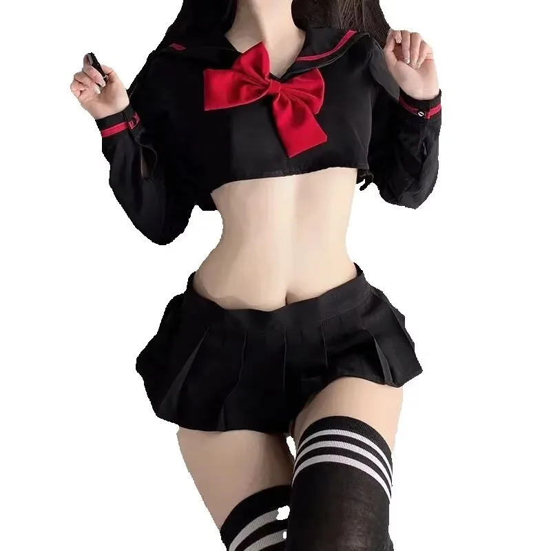 

Cute Girl Cosplay Student Uniform Bow Tie Sweet Japanese Schoolgirl Sailor Costume Sexy Long Sleeve Shirt Mini Pleated Skirt Set