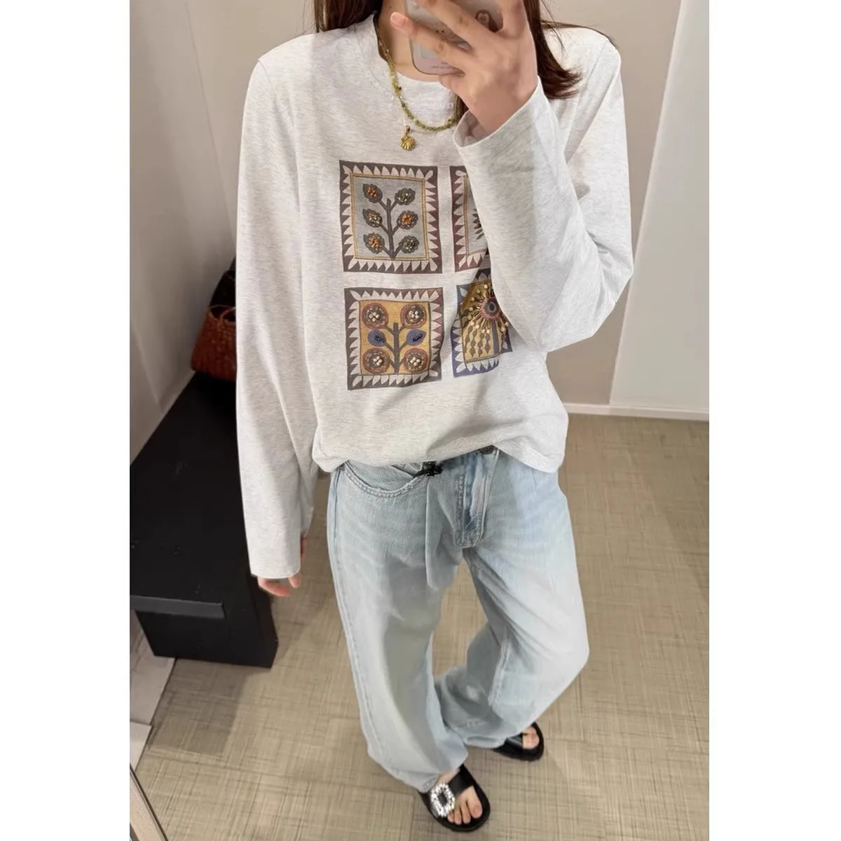 Casual Printed Skirt Loose Fit with Round Neck Regular Length Long Skirt Long Sleeve Travel Loose Cut Summer Daily for Women