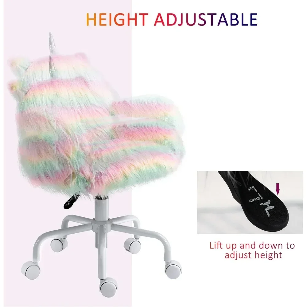 office chair.Fluffy Unicorn Office Chair with Mid-Back and Armrest Support, 5 Star Swivel Wheel White Base, Rainbow