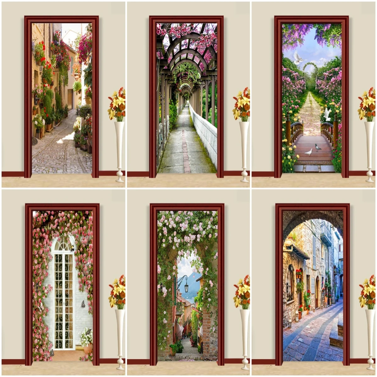 

Modern Simple Street Wallpaper 3D Pastoral Landscape Flower Leaf Door Sticker Living Room Bedroom PVC Self-Adhesive Waterproof