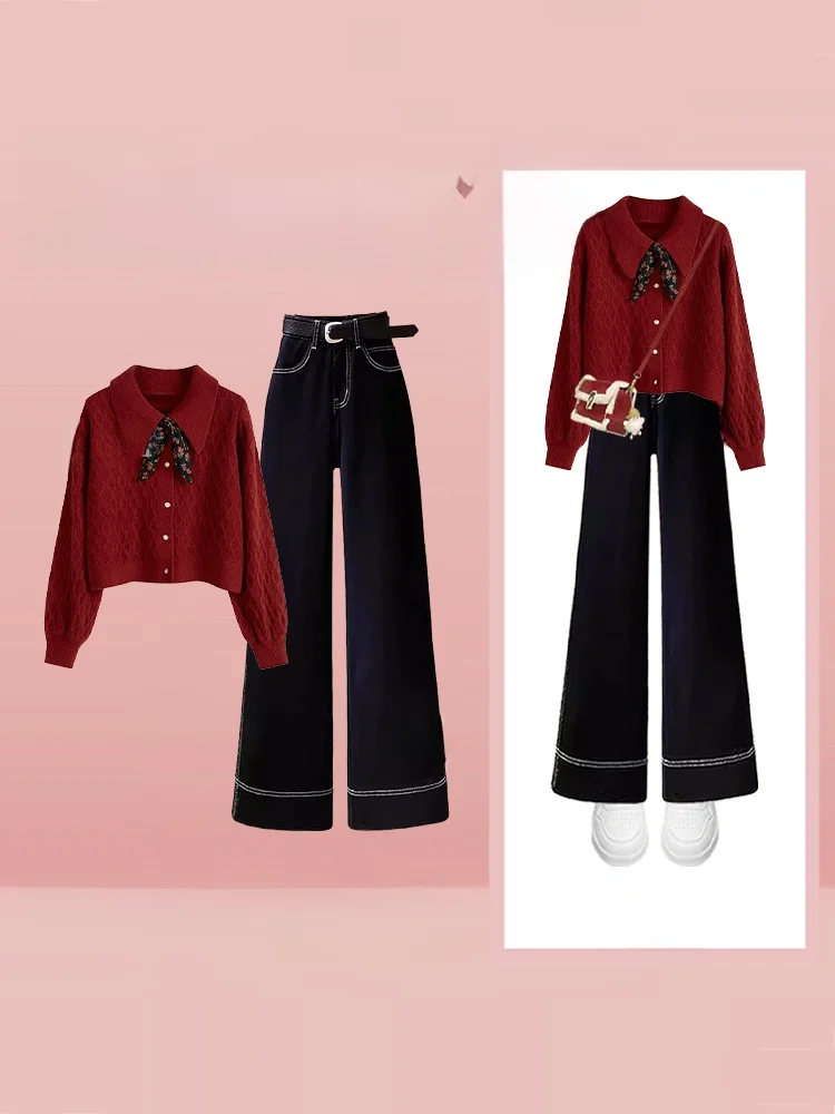 Maglione lavorato a maglia con nodo dolce coreano Sle Jeans dimagranti a vita alta Set da due pezzi Faion da donna Abbigliamento per l'inizio dell'autunno