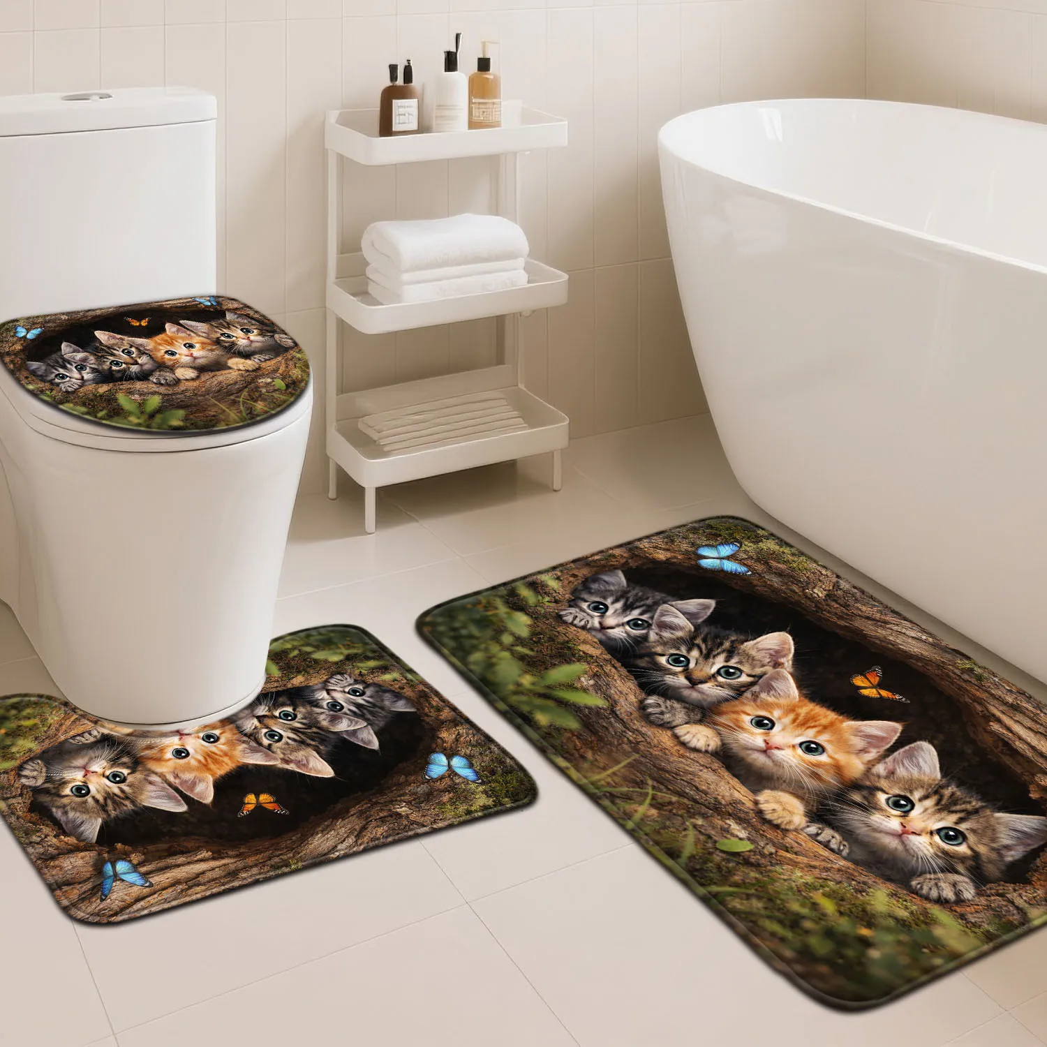 

Cute Kitten Cat Bathroom Rug Set 3 Piece Non Slip Soft Bath Mat Toilet Seat Cover U Shaped Rug Home Decor