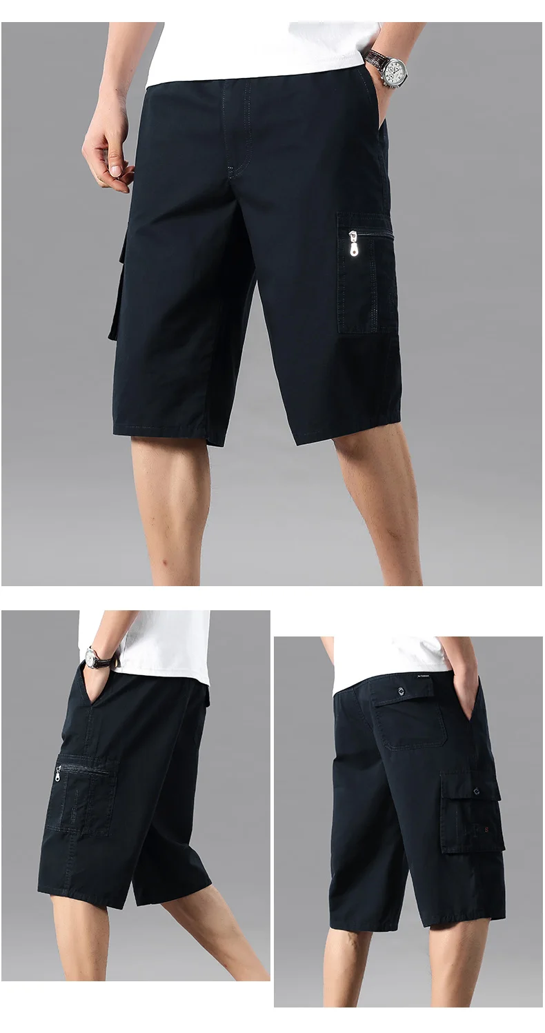 Knielange Freizeitshorts für Herren, Reißverschlusstasche, modisch, lockere, gerade Baumwolle, bequem, Strand, kurze Laufhose – Detail 6