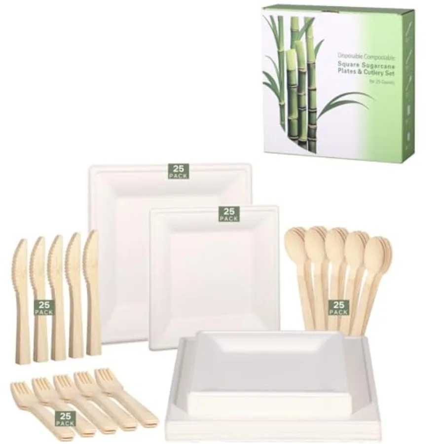 

Compostable Plates Set, 25 Guests Sugarcane Dinnerware - Eco-friendly Heavy-Duty Square Plates, Forks, Knives, Spoons, Biodegra