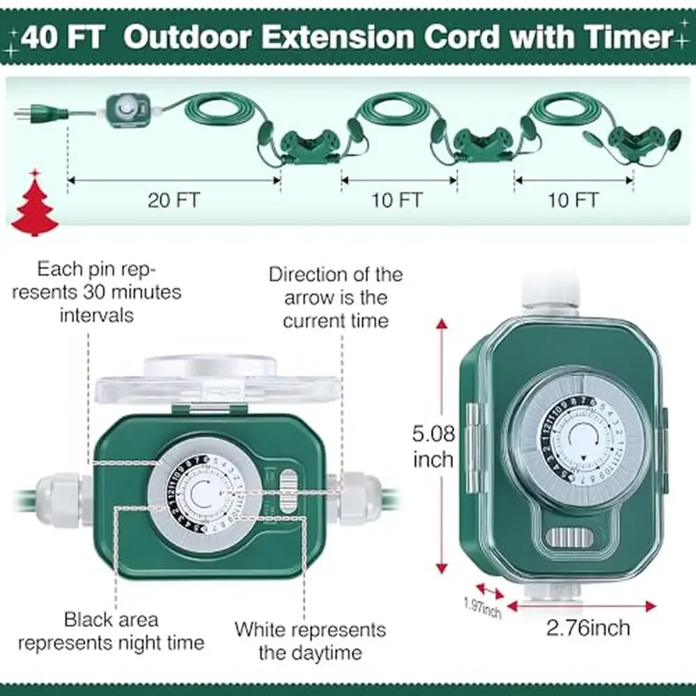 40FT Outdoor Extension Cord 6 Outlet Plugs Mechanical Timer Green Power Cord Heavy Duty Weatherproof Programmable Timer Festive