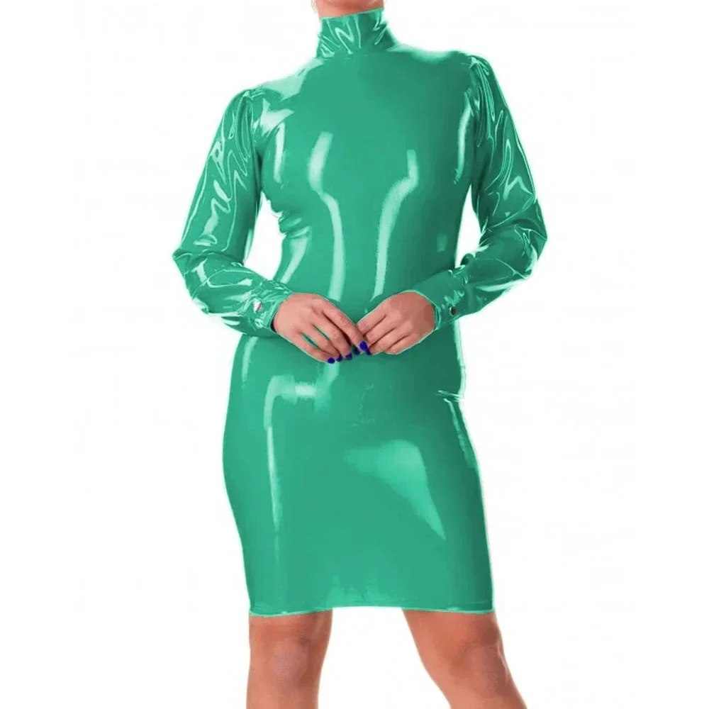 Plus Size Elegance Long Sleeve Package Hips Sexy Dress Shiny PVC Leather Turtleneck Slim Fit Bodycon Dress Daily Commuting Wear