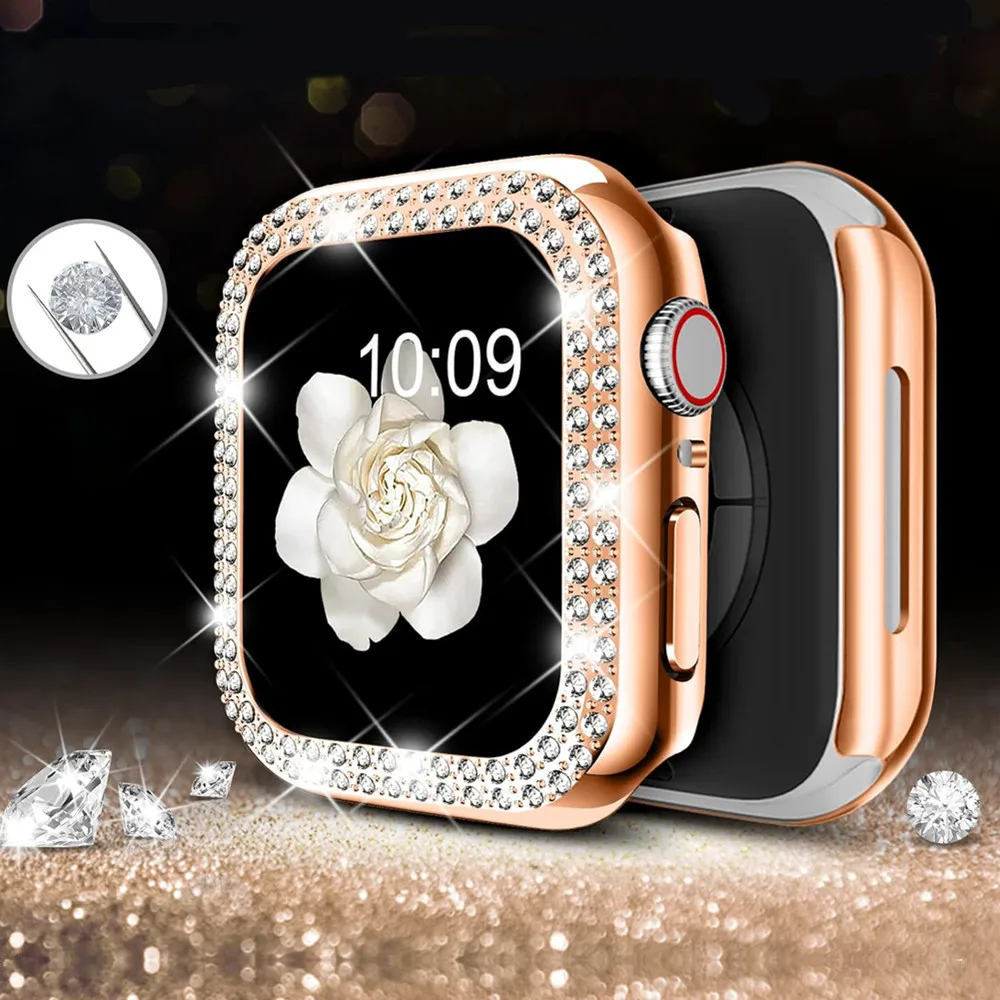 Custodia con doppio strass glitter per Apple Watch 41mm 45mm 40mm 44mm Cover con diamante bling per iWatch Series 9 8 7 6 5 4 SE