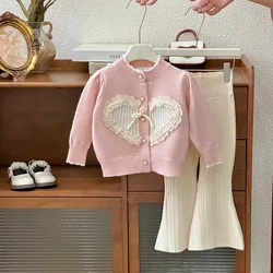 Girls Suit 2024 Autumn and Winter Style Sweet and Pink Playful and Cute Long-sleeved Warm Sweater Love Children Clothes