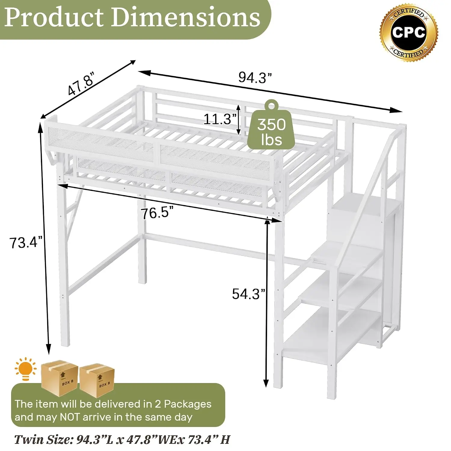 Twin Size Loft Bed with Stairs and Storage, Metal Loft Bed Frame with A Shelf and Large Under-Bed Space, Heavy-Duty Loft Beds