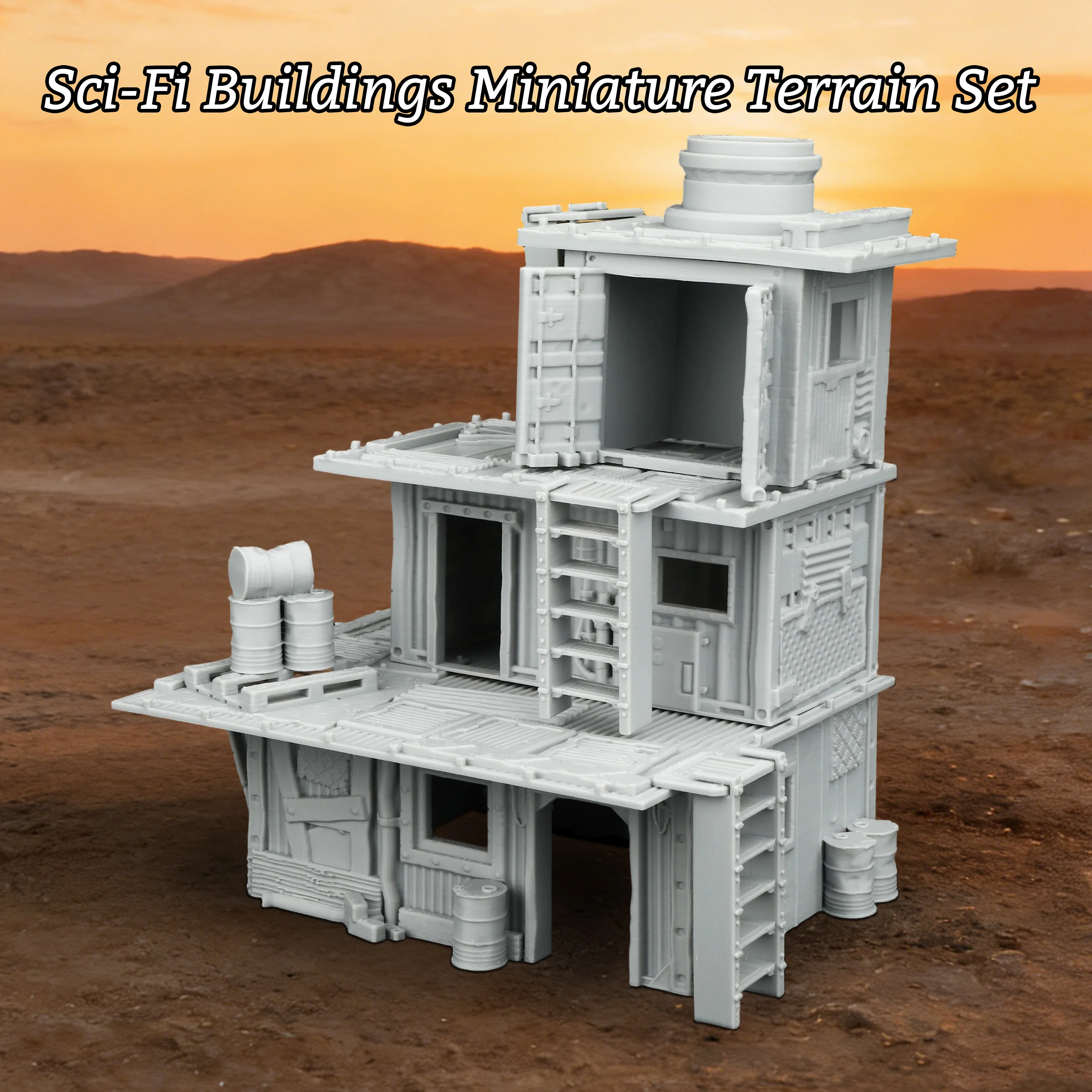 Sci-Fi Multi-Level Building Miniature, Detailed TTRPG Terrain Model with Platforms and Ladders for Tabletop Games and Dioramas
