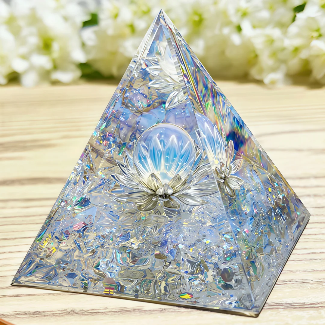 1 Stück Weiße Lotusblumen-Opal-Orgonit-Pyramide, Dekoratives Wohnaccessoire, Lebensblumen-Design, Energiepyramide für Innendekoration – Detail 4