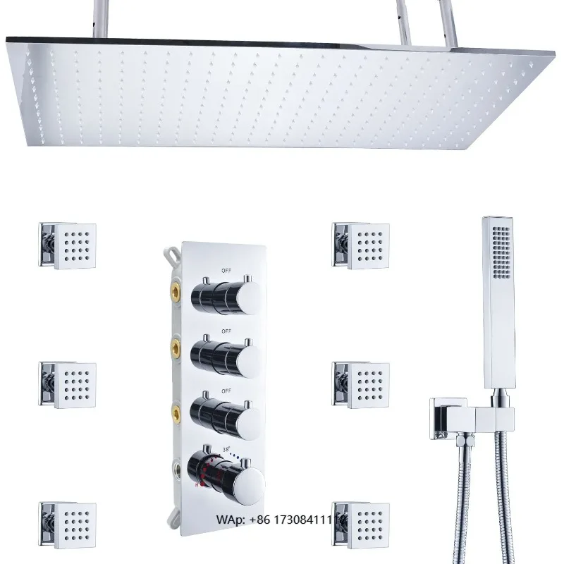 Thermostatic shower system with 6 main nozzles, chrome ceiling rain shower faucet combination kit with mixing valve trim kit