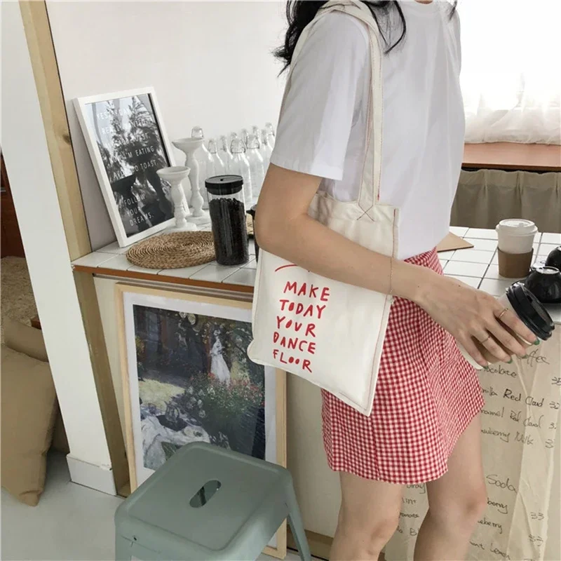 Youda Women\'s Korean Simple Handbag Red Letter Printing Art Reusable Shoulder Bags Summer Ladies Canvas Book Shopping Totes Bag