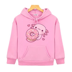 Cute Axolotl Hugging Donut Hoodies Baby Sweet Girls Clothing Kawaii Cartoon Print Sweatshirts Children Pullovers Kids Sudaderas