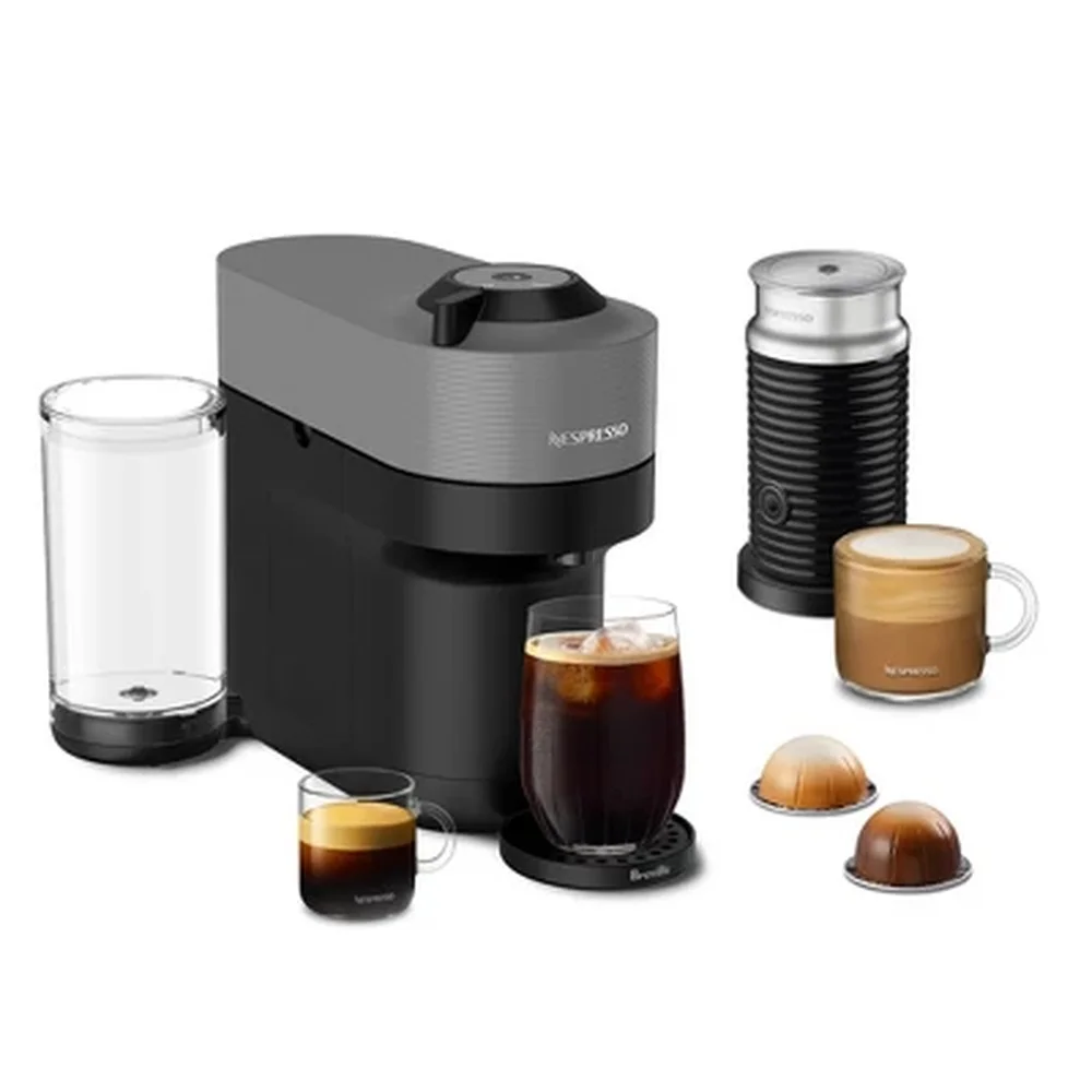 Máquina de café expresso Vertuo Pop com batedor de leite Design compacto 5 tamanhos de copo Sistema de um toque Tanque de água de plástico reciclado