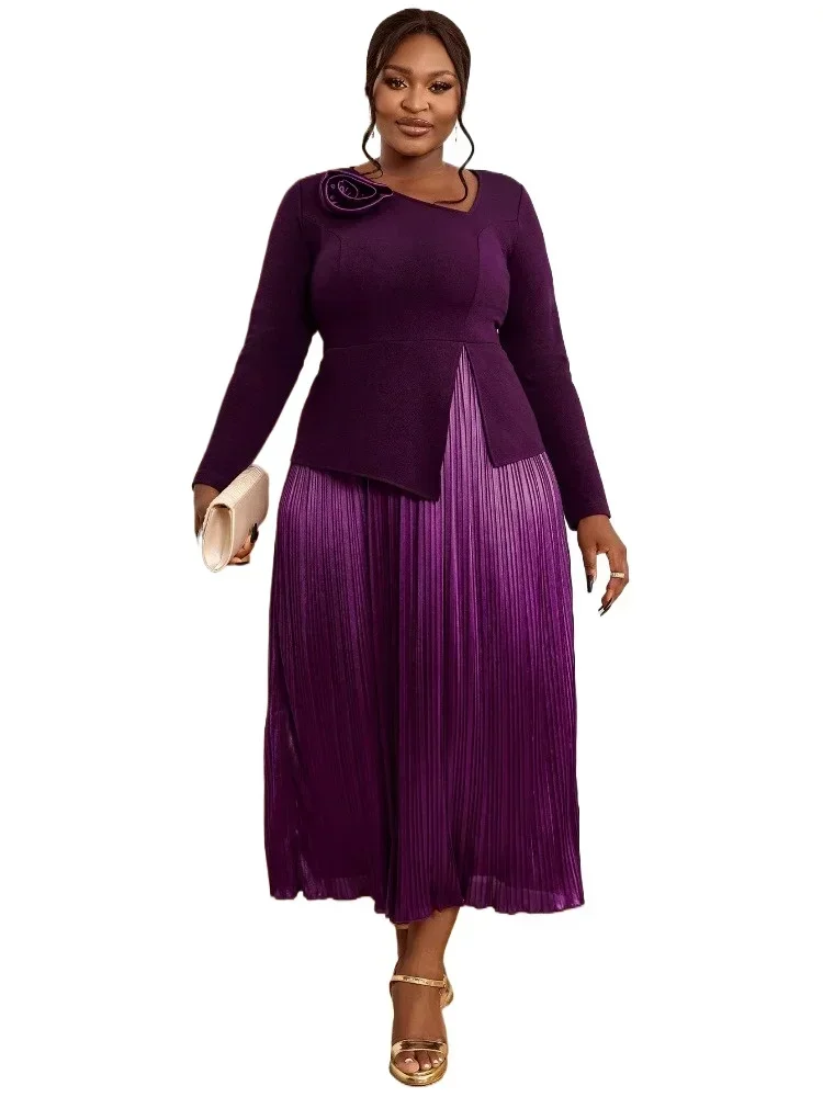 Robe imprimée violette plissée à la mode pour femmes, robes de soleil à manches longues, chic, élégante, mariage, église, nouveau, 2024