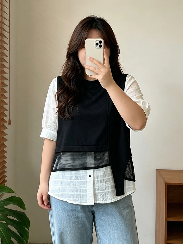 

Женская летняя рубашка больших размеров с коротким рукавом в стиле пэчворк, свободного кроя, с эффектом стройности, в корейском стиле, для повседневной носки, дышащая, приятная к телу.