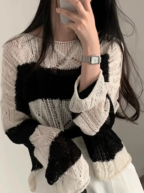 Chic Summer Vintage Color Blo Wide Stripes Twist Long Sve Thin Sun Protection ort Knitted Sweater Overhead Coat for Women