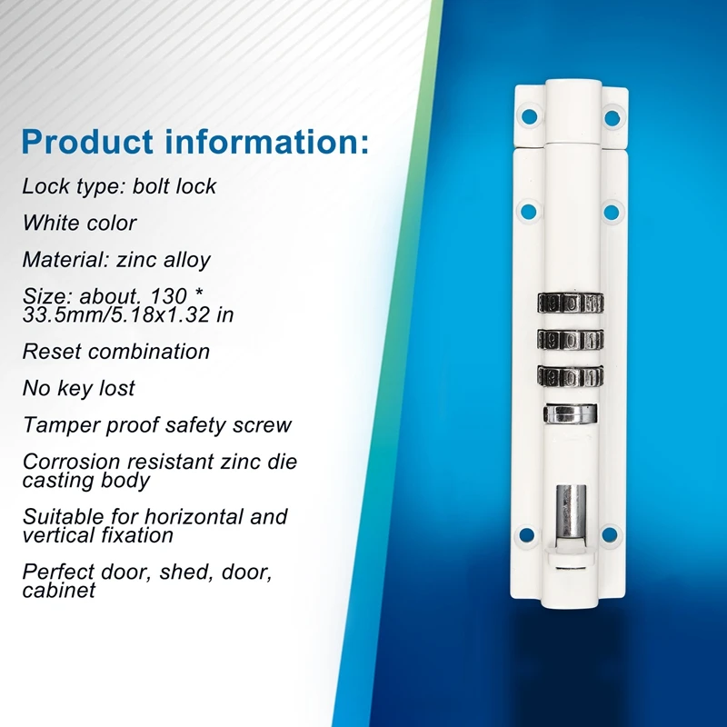 Horizontal Door Bolt Lock, Deslizando o código de combinação, Pode ser Reset para o portão, Armário de garagem