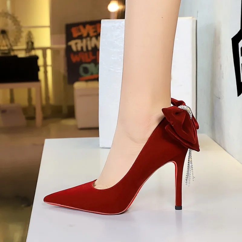 European Style Red Bottom Rhinestone Chain Big Bow High Heels For Women Pointed Toe Super Thin Heel Pumps