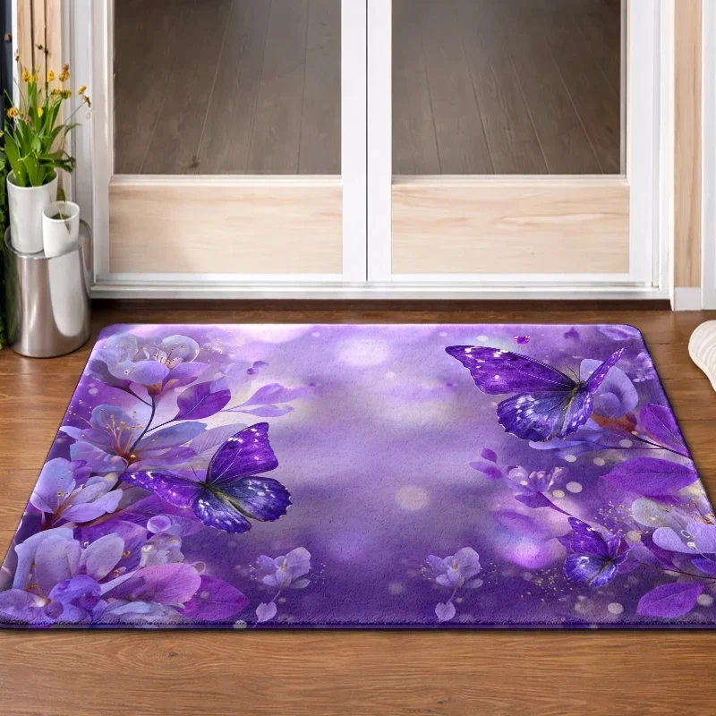[Dreamy Butterfly Mat]  Dreamy Purple Butterfly Floral Non-Slip Mat, Fleece Surface + Rubber Bottom, Durable And Washable, Uni