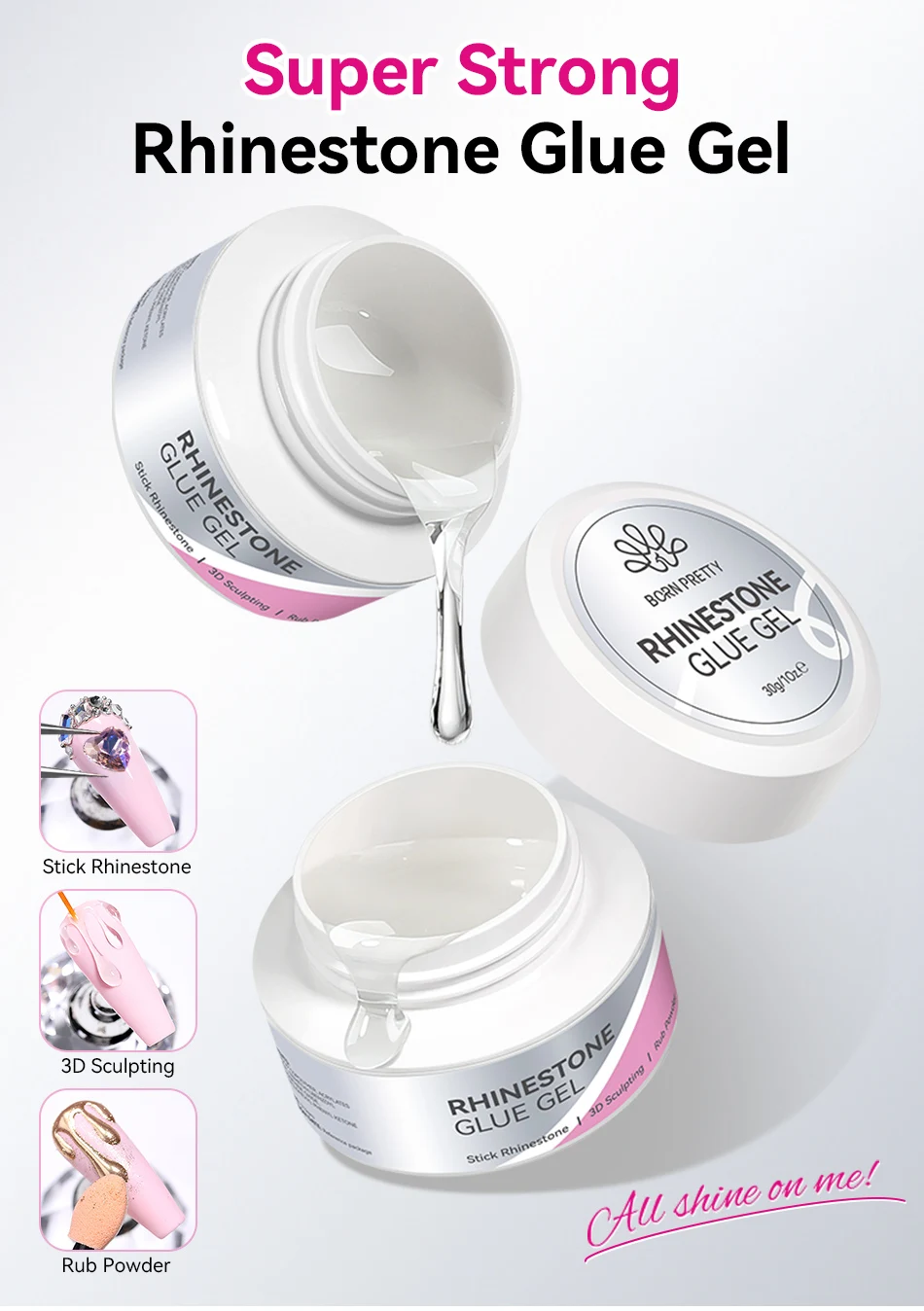 BORN PRETTY 30g Superstarker Nagel-Strasskleber Gel 3-IN-1 Langanhaltender Schmuckklebstoff Gel Rub Puder Nagelform Modellierung – Detail 1