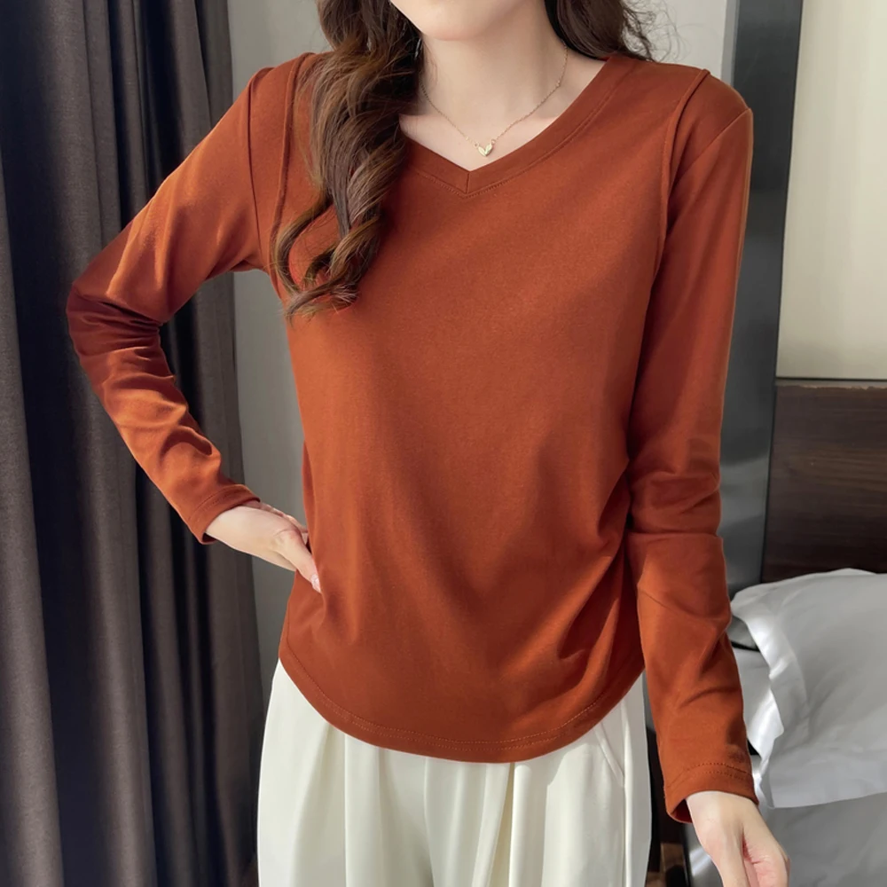 

Корейский стиль, футболка с длинными рукавами, женская осенняя новинка, высококачественный хлопковый модный свободный повседневный топ больших размеров с v-образным вырезом нестандартной формы